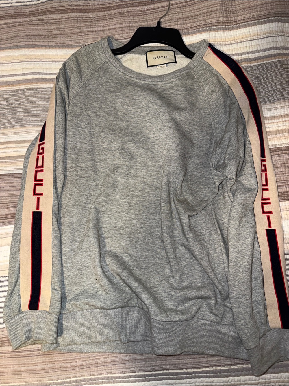 Gucci Grey Crewneck Sweatshirt with Branded Sleeve Stripes